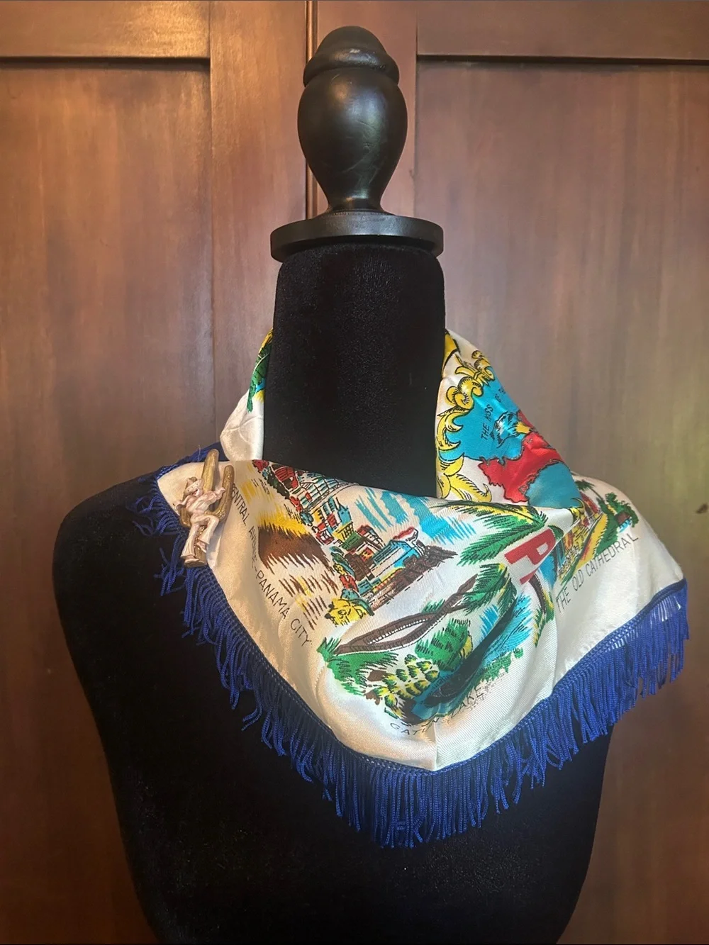 Vintage Souvenir Panama Scenic Fringe Silky Scarf in Cream & Blue